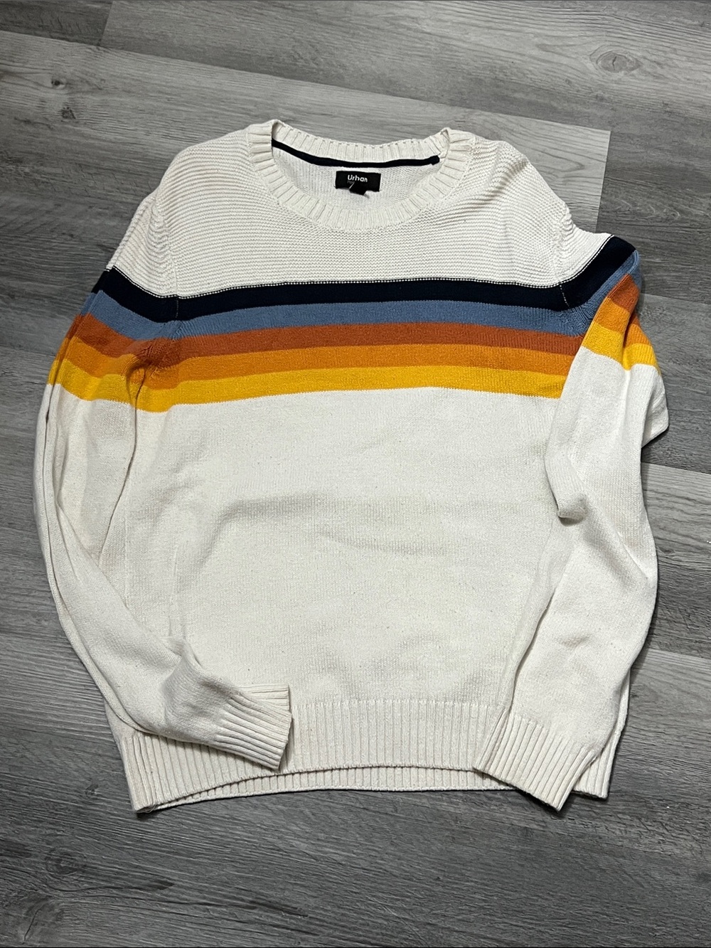 Men's Cream Crewneck Sweater with Multicolor Chest Stripes
